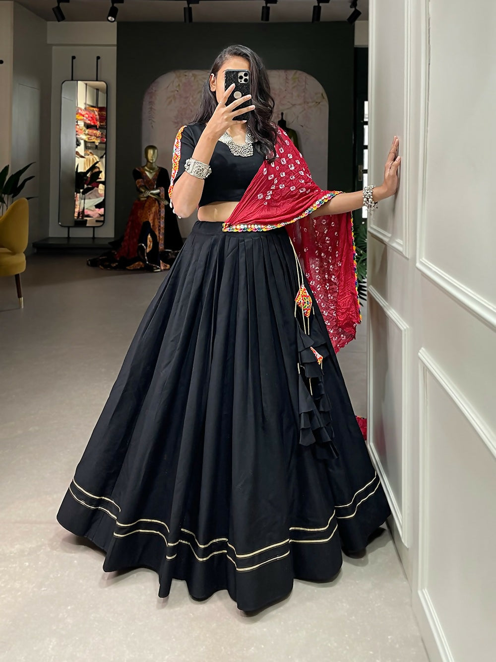 Vastranavya Navaratri Special Pure Cotton Plain With Gotta Patti Touch Up Lehenga Stitched Choli - Black - Distacart
