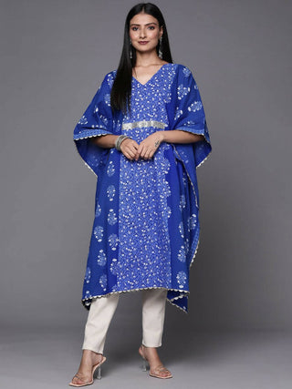 Ahalyaa Blue & White Floral Print Floral Kaftan Kurta - Distacart