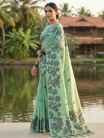 Thumbnail for Shree Shyam Fashion Rama Green Linen Cotton Saree - Distacart