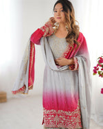 Thumbnail for The52 Women's Beautiful Chinon silk Fabric Embroidery Work Straight Kurta Palazzo and Dupatta Set - Distacart