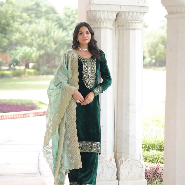 Vastranavya Green Velvet With Rich Sequins & Zari Embroidered Work Top-Bottom With Dupatta - Distacart