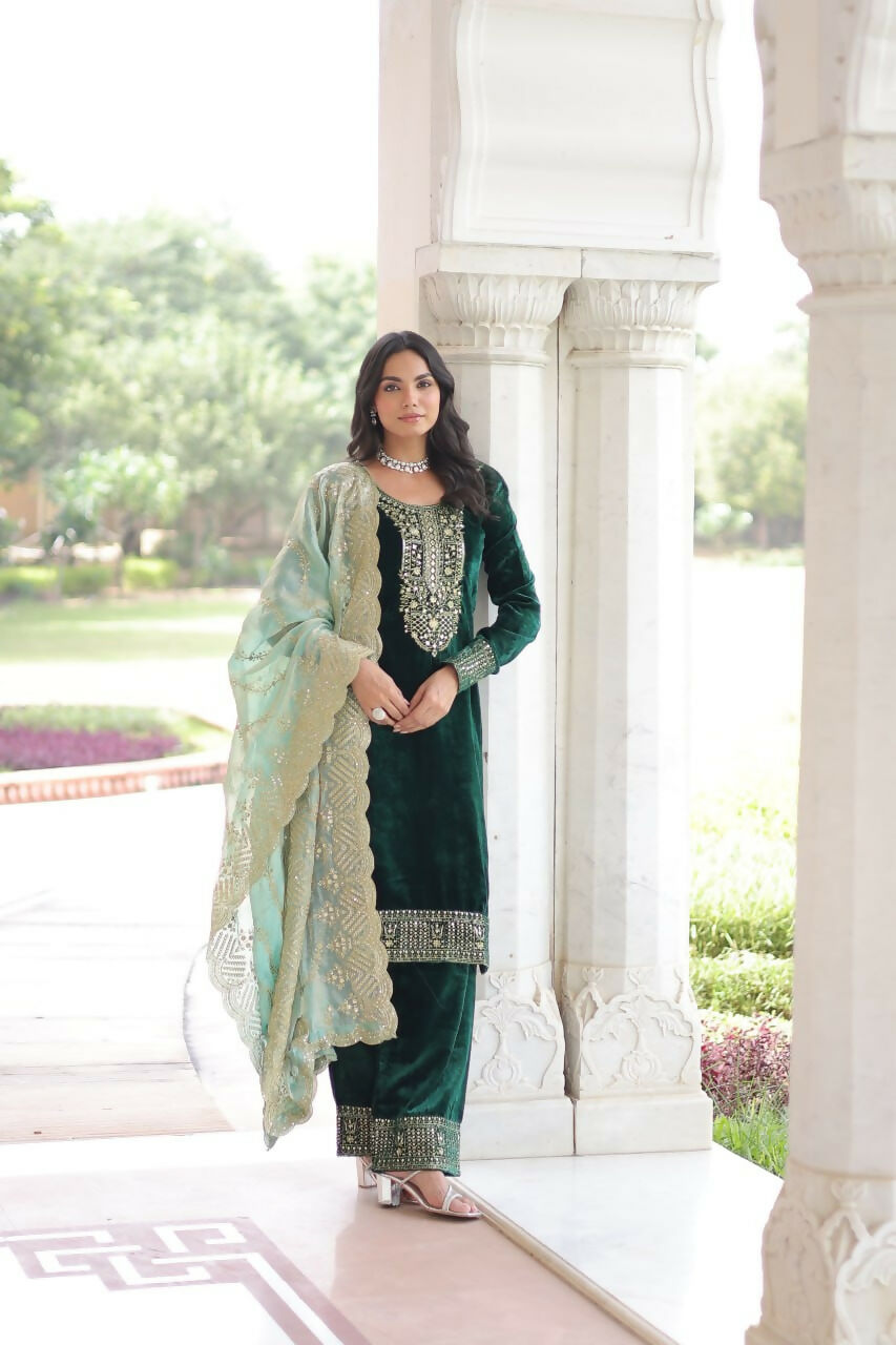Vastranavya Green Velvet With Rich Sequins & Zari Embroidered Work Top-Bottom With Dupatta