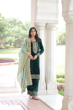 Thumbnail for Vastranavya Green Velvet With Rich Sequins & Zari Embroidered Work Top-Bottom With Dupatta - Distacart