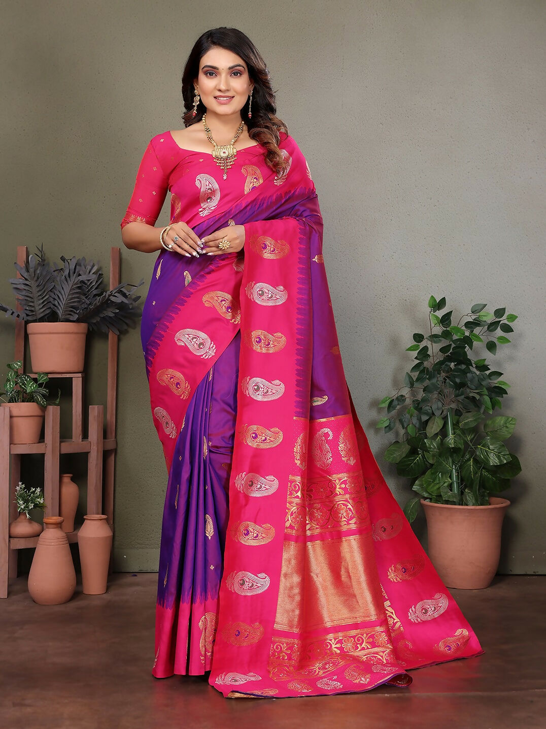 Joban Fashion Banarasi Purple Butti Soft Silk Saree - Distacart