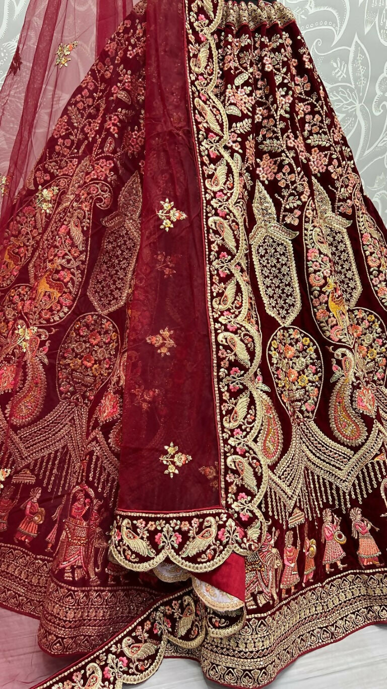 Jyoti Fashion Women's Maroon Velvet Multi Thread Embroidered with Zircon Diamond Work Wedding Lehenga Choli - Distacart