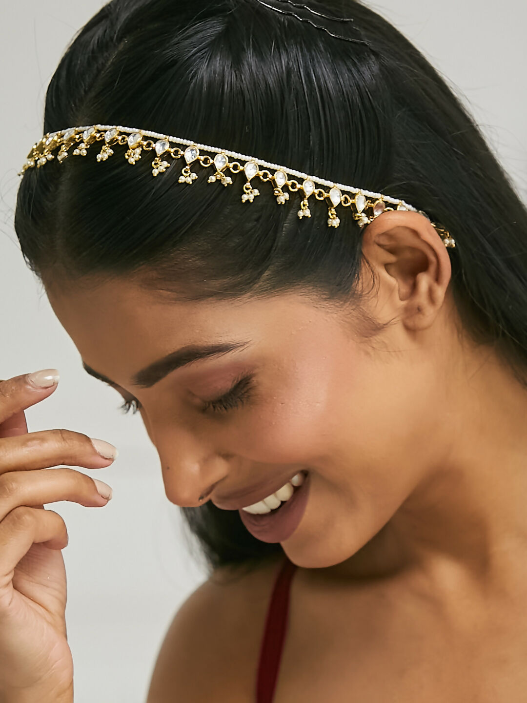 Nuyug 22K Gold-Plated Pearl Drops Matha Patti cum Necklace
