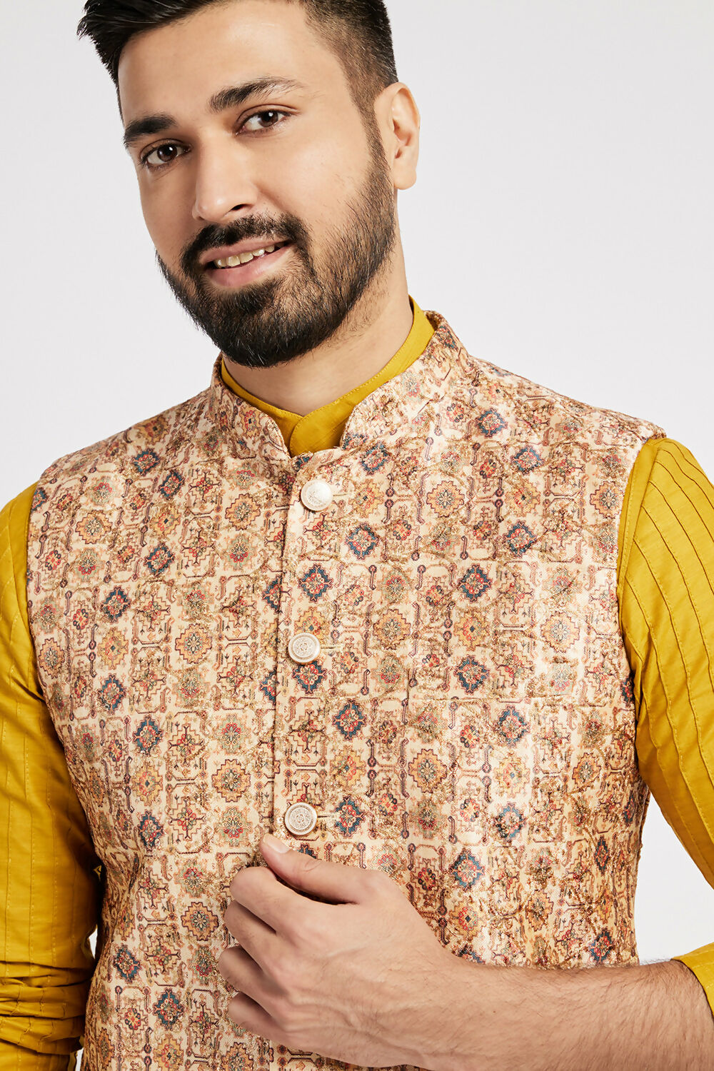 Ethnic India Cream Bundi Men's Jacket Abstract Polyester - Distacart