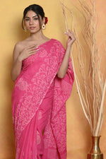 Thumbnail for Very Much Indian Handblock Printed Cotton Saree With Natural Dyes - Pink - Distacart