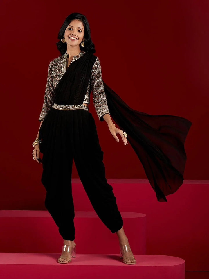 Libas Libas Art Black Embroidered Georgette Dhoti Saree