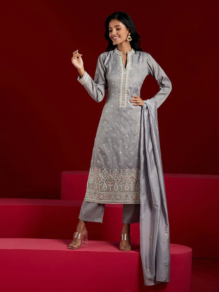 Libas Libas Art Grey Embroidered Silk Blend Straight Suit With Dupatta