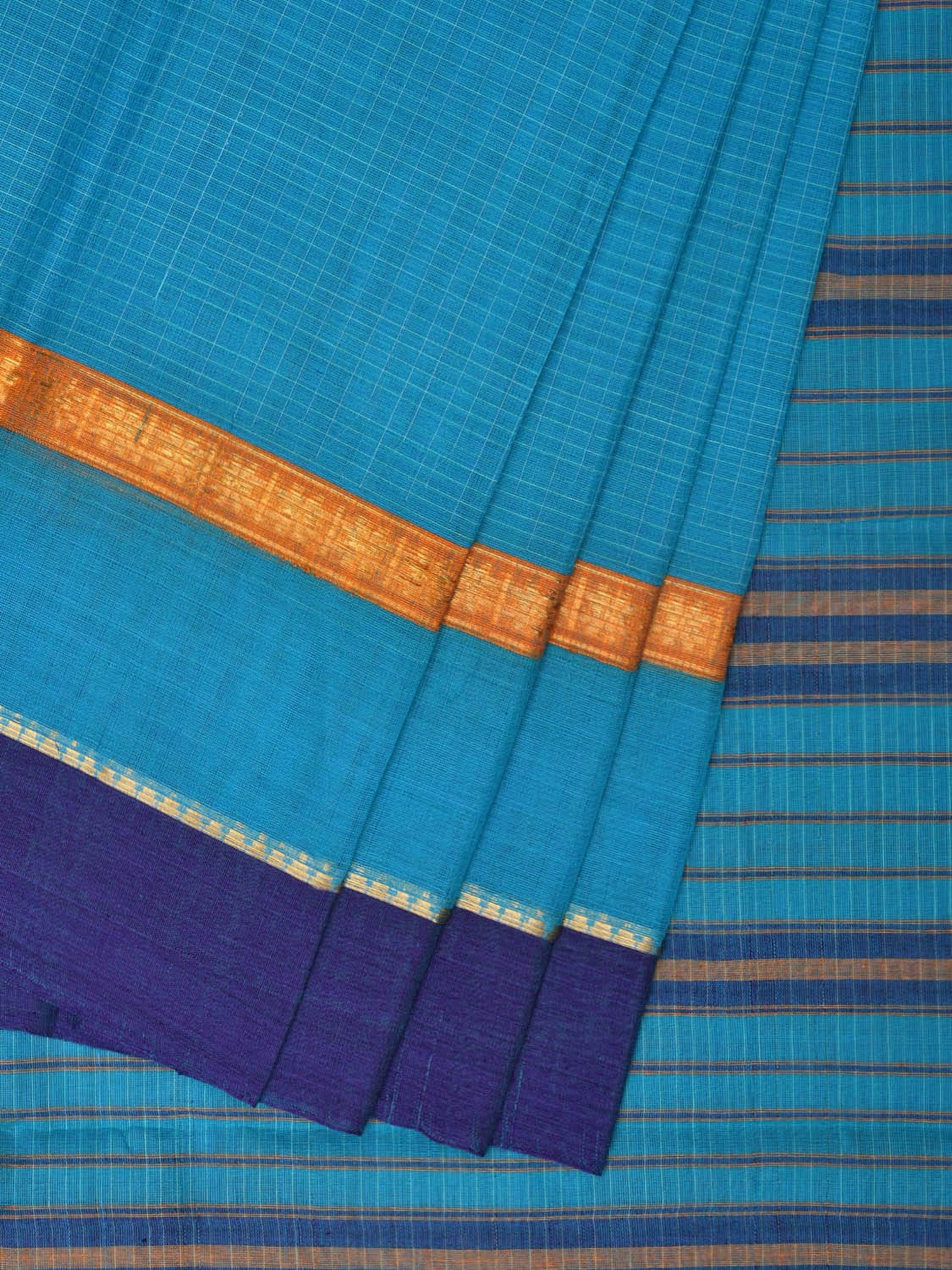 Light Blue Narayanpet Cotton Handloom Saree with Checks Design No Blouse - Global Threads - Distacart