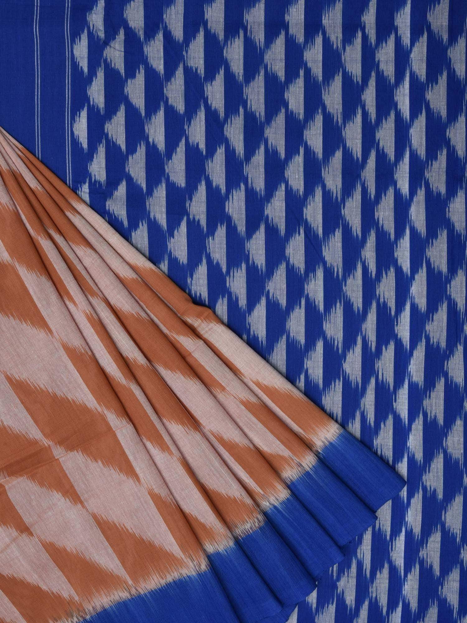 Light Brown and Blue Pochampally Ikat Cotton Handloom Saree with Triangle Pallu Design - Global Threads - Distacart
