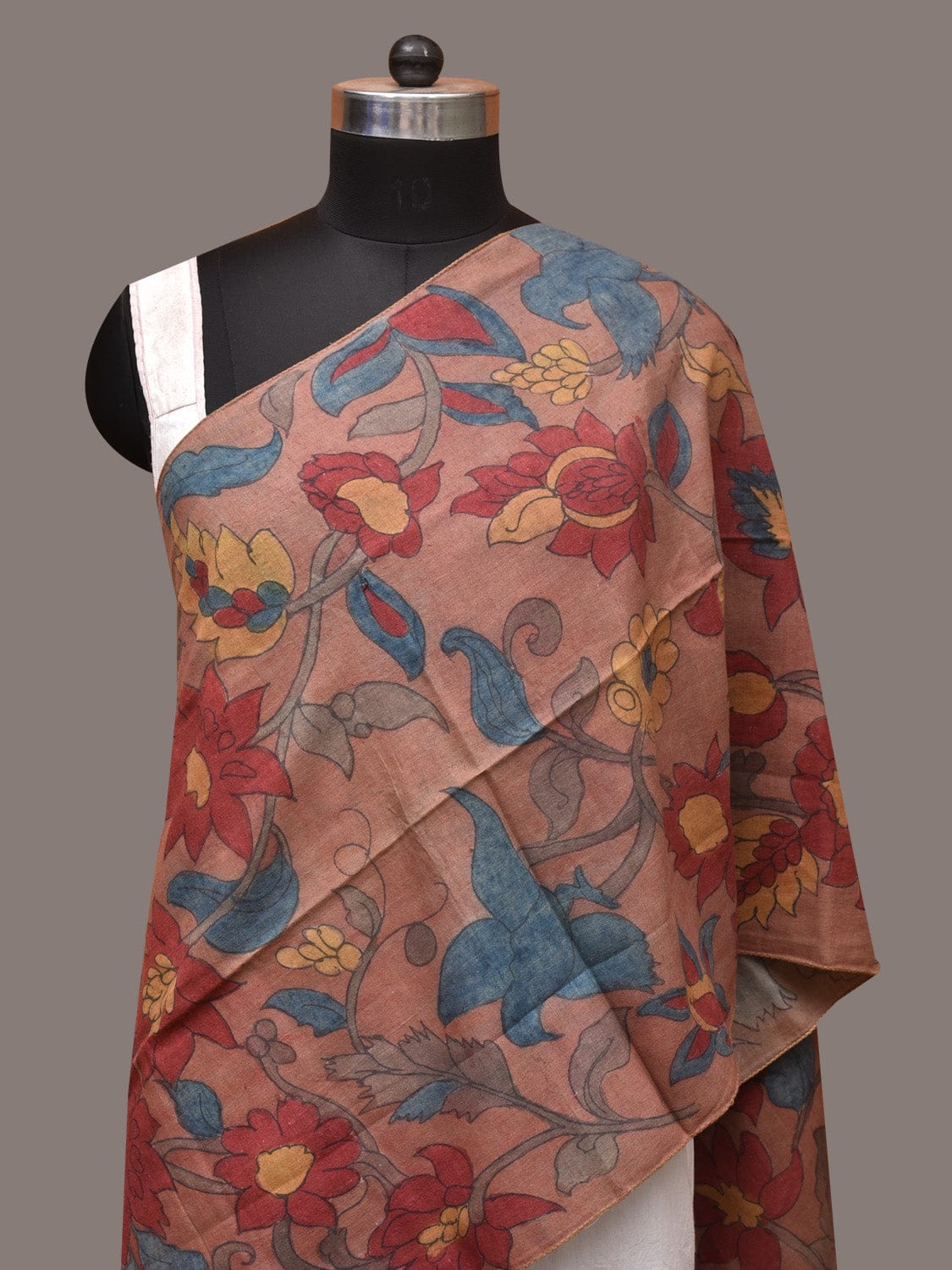 Light Brown Kalamkari Hand Painted Sico Stole with Floral Design - Global Threads - Distacart