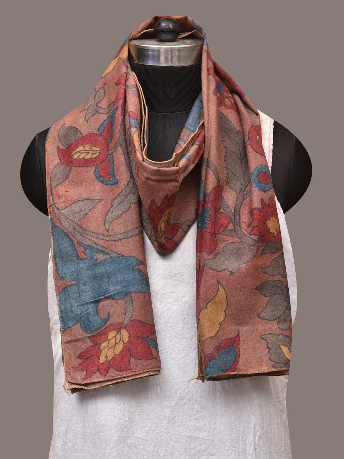 Light Brown Kalamkari Hand Painted Sico Stole with Floral Design - Global Threads - Distacart