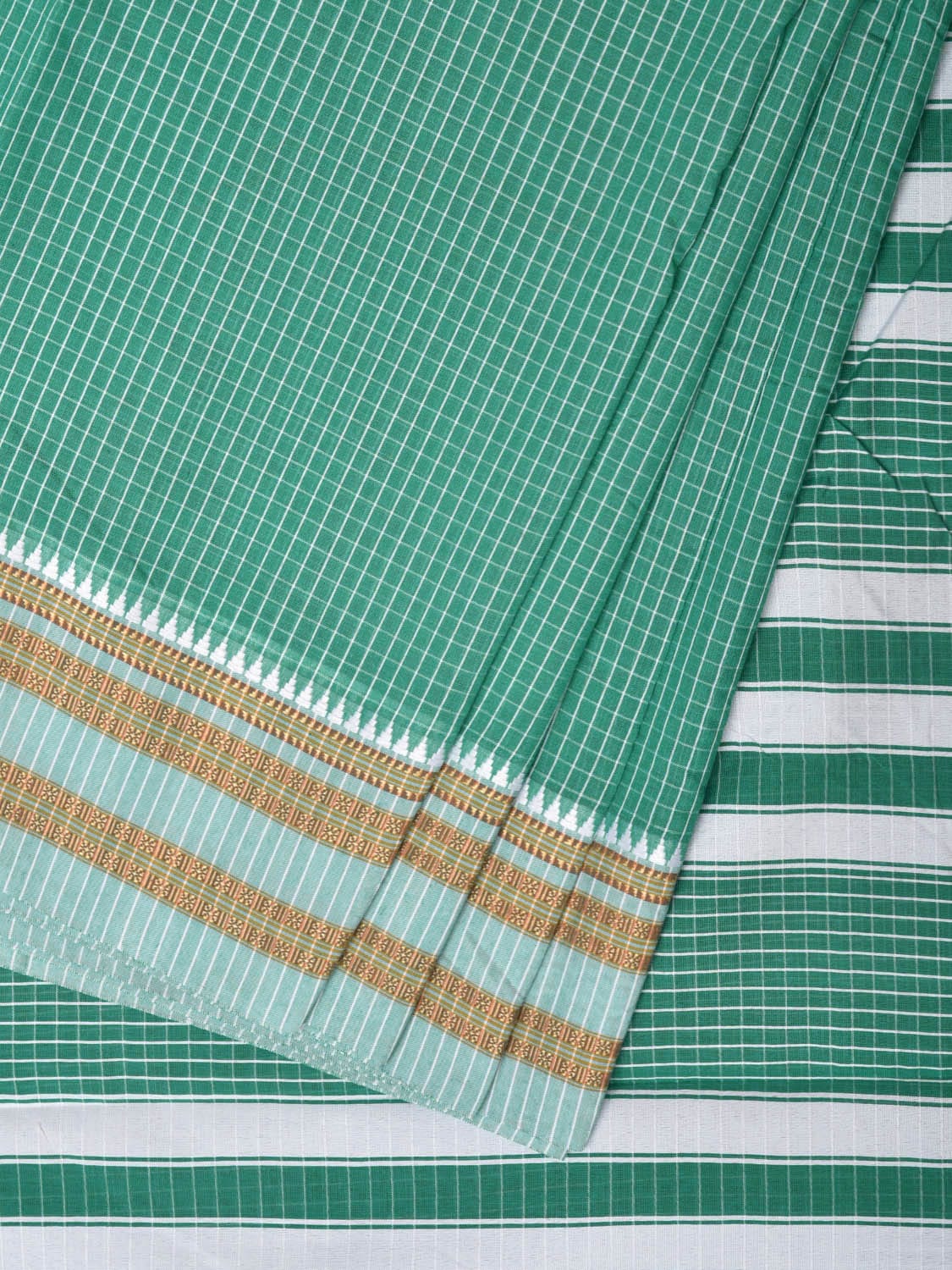 Light Green Bamboo Cotton Saree with Checks Design No Blouse - Global Threads - Distacart