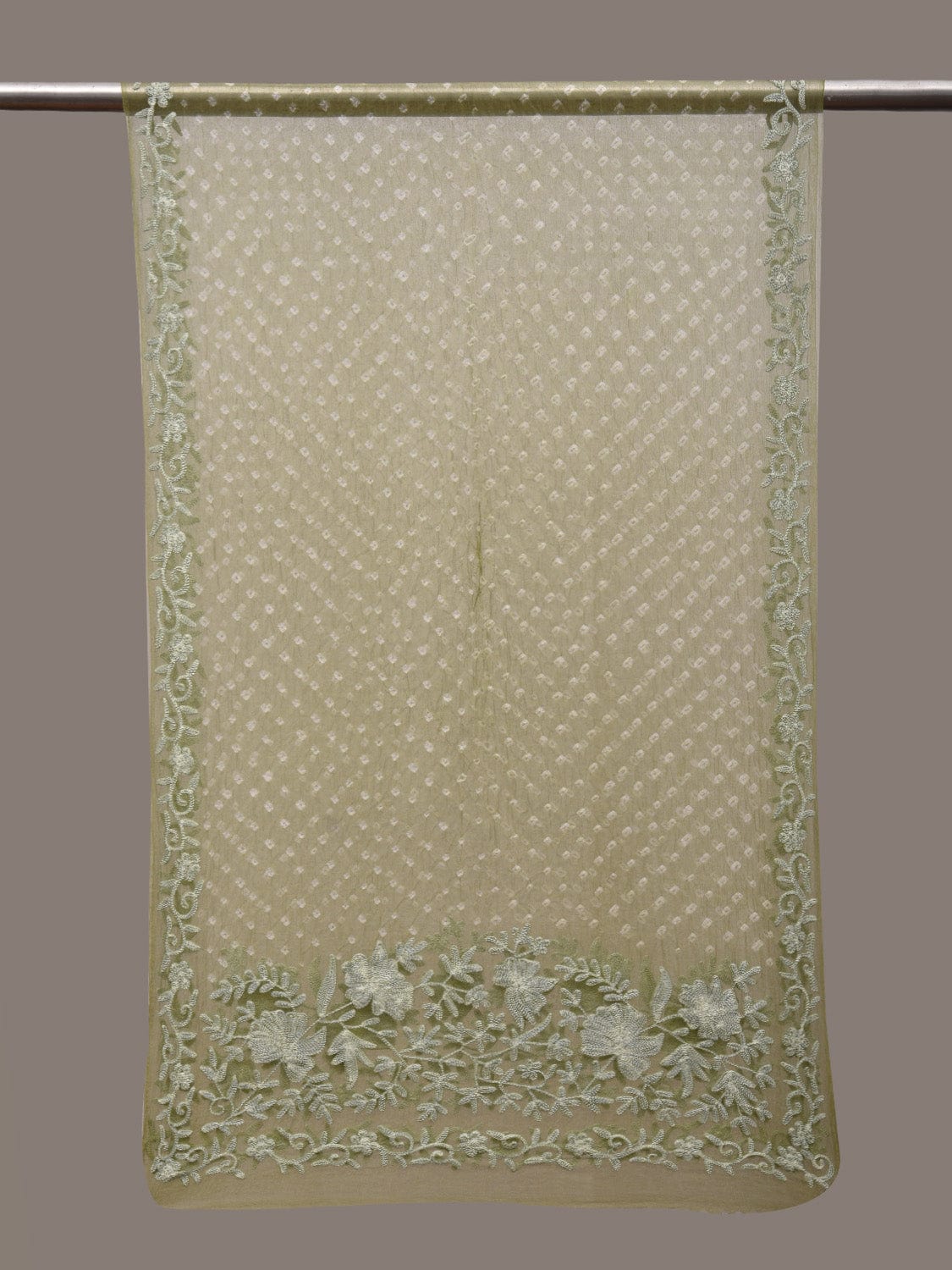 Light Green Bandhani Organza Stole with Embroidary Work Design - Global Threads - Distacart