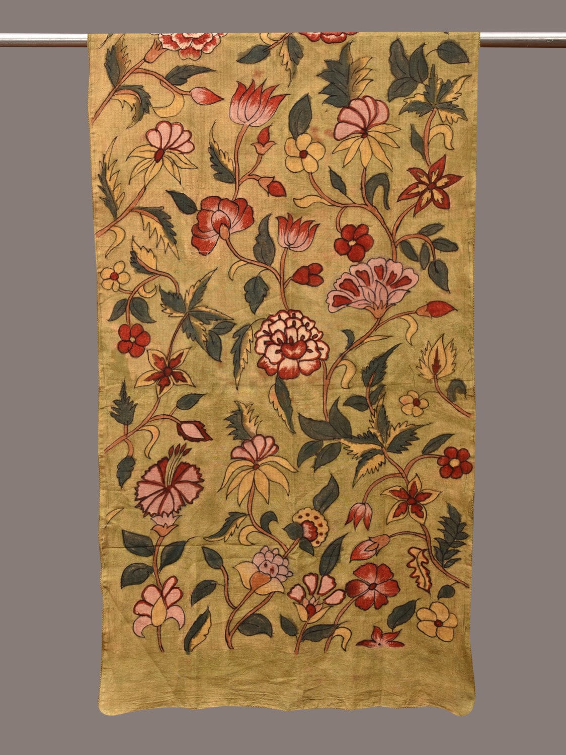 Light Green Kalamkari Hand Painted Cotton Stole with Floral Design - Global Threads - Distacart