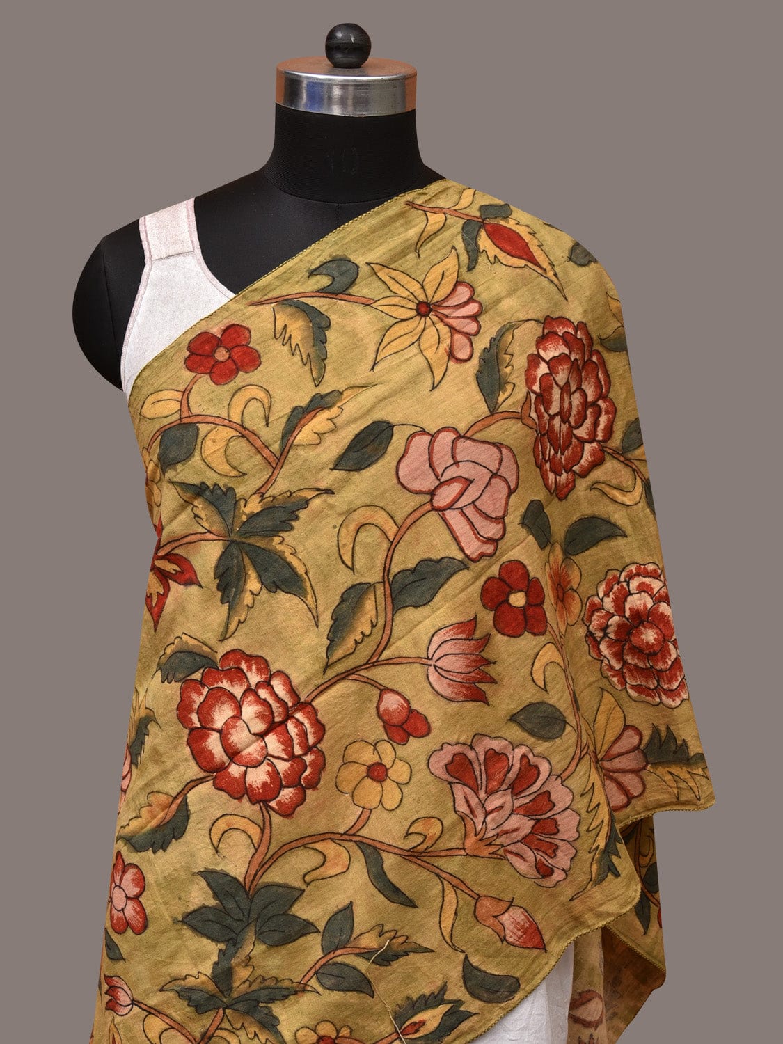 Light Green Kalamkari Hand Painted Cotton Stole with Floral Design - Global Threads - Distacart