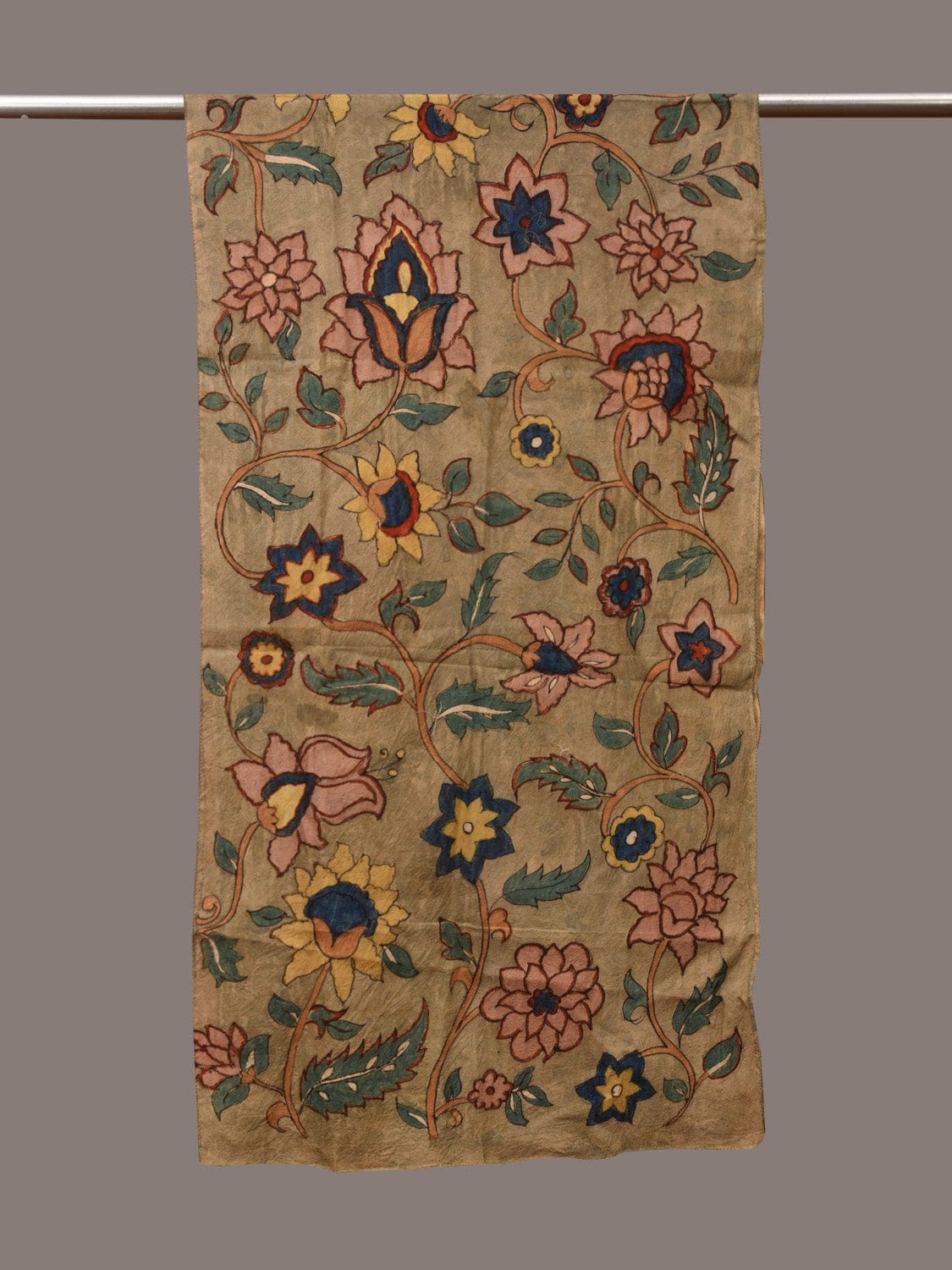 Light Green Kalamkari Hand Painted Sico Stole with Floral Design - Global Threads - Distacart