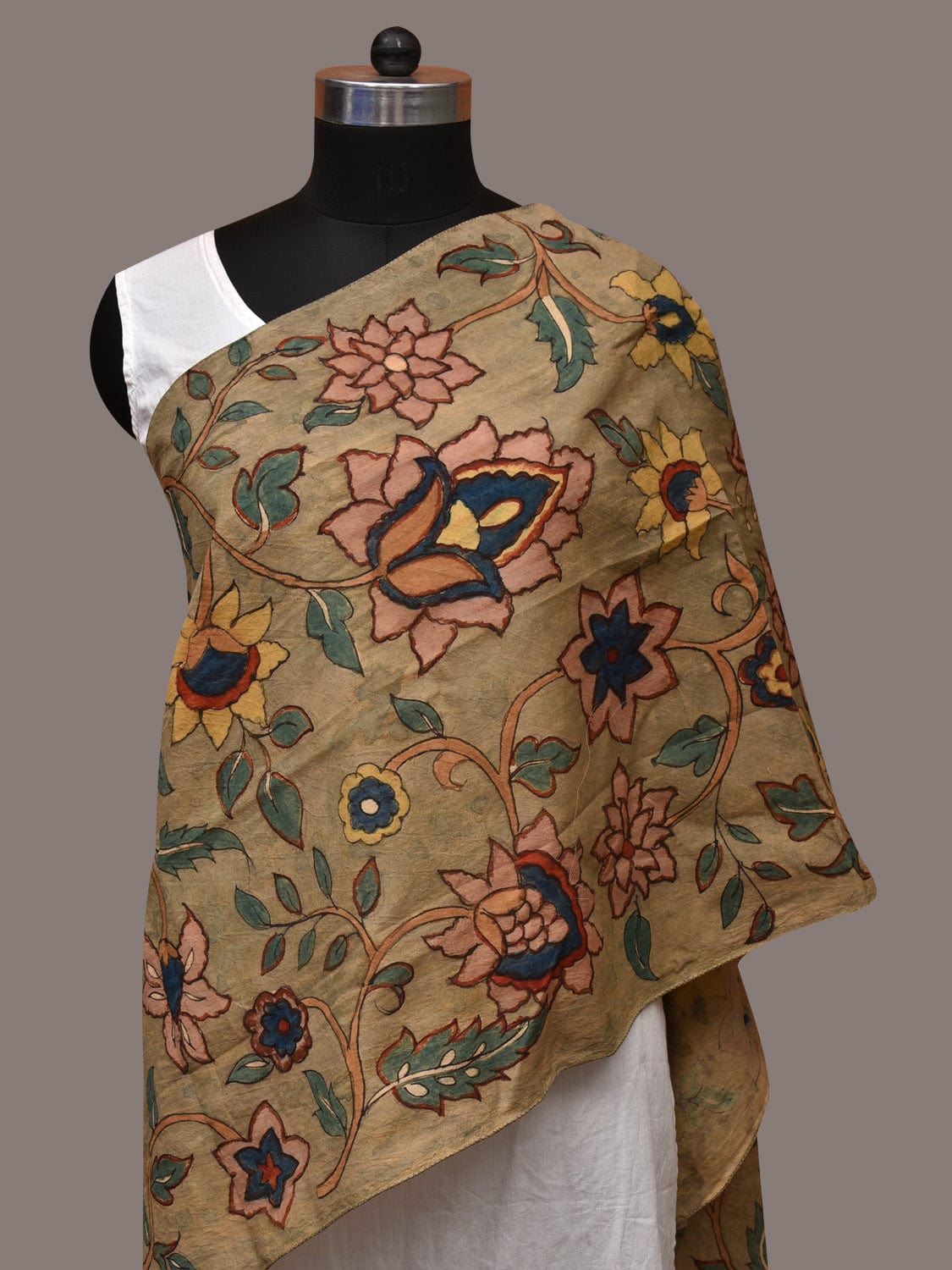 Light Green Kalamkari Hand Painted Sico Stole with Floral Design - Global Threads - Distacart
