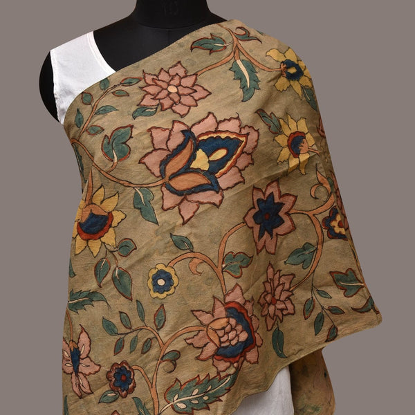 Light Green Kalamkari Hand Painted Sico Stole with Floral Design - Global Threads - Distacart