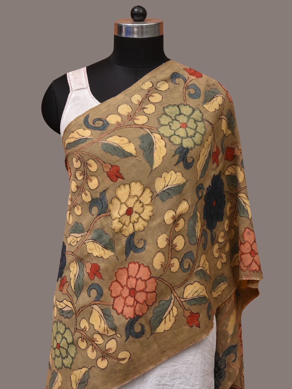 Light Green Kalamkari Hand Painted Woolen Handloom Stole with Floral Design - Global Threads - Distacart