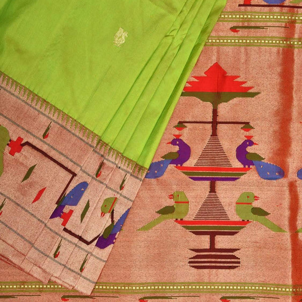 Light Green Paithani Silk Handloom Saree with Peacock-Parrot Border Design - Global Threads - Distacart
