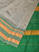 Thumbnail for Light Grey and Green Narayanpet Silk Handloom Saree with Checks Design No Blouse - Global Threads - Distacart