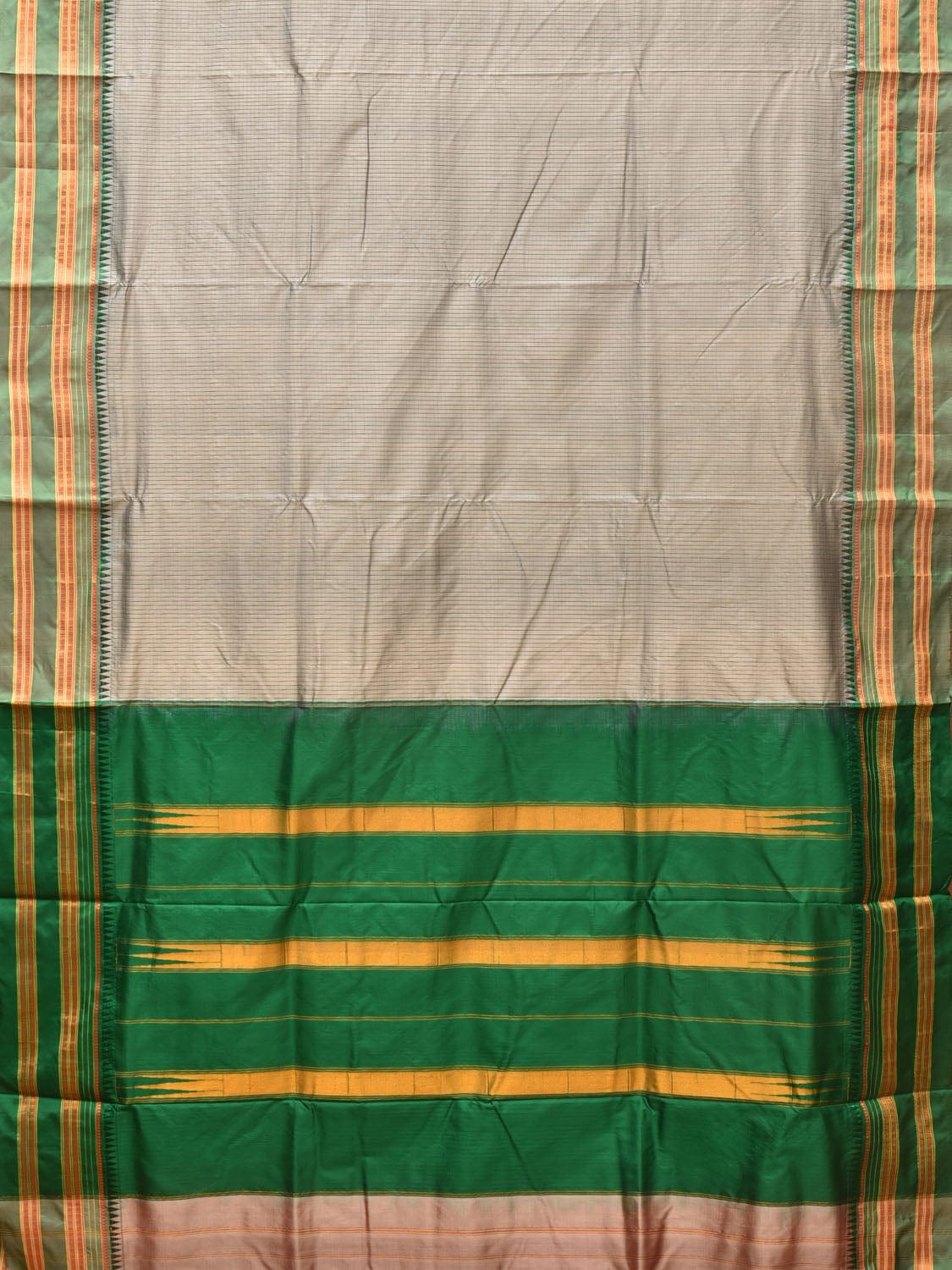 Light Grey and Green Narayanpet Silk Handloom Saree with Checks Design No Blouse - Global Threads - Distacart