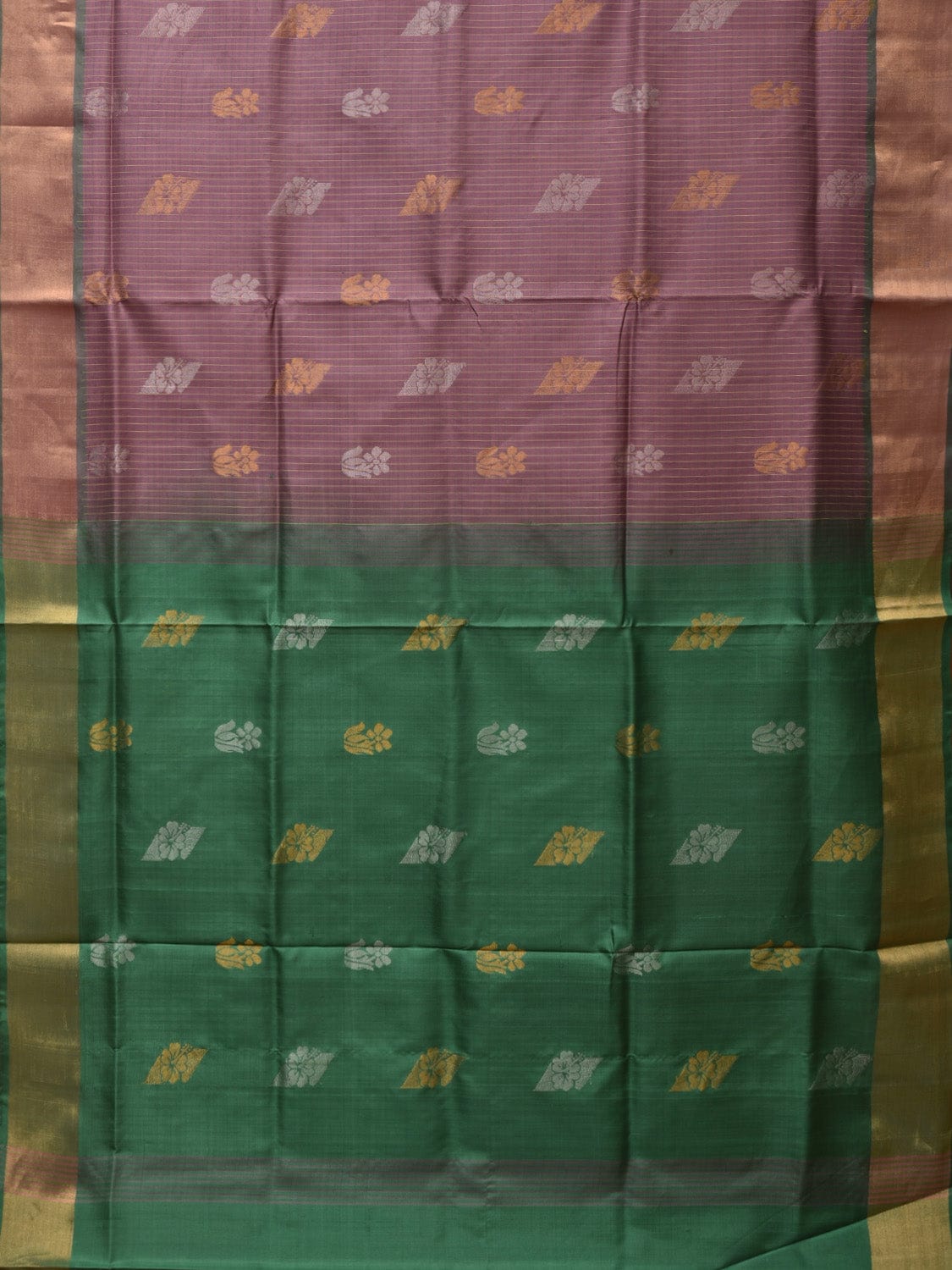 Light Grey and Light Green Uppada Silk Handloom Saree with Body Buta and Checks Design - Global Threads - Distacart