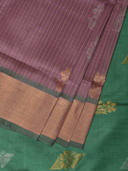 Light Grey and Light Green Uppada Silk Handloom Saree with Body Buta and Checks Design - Global Threads - Distacart