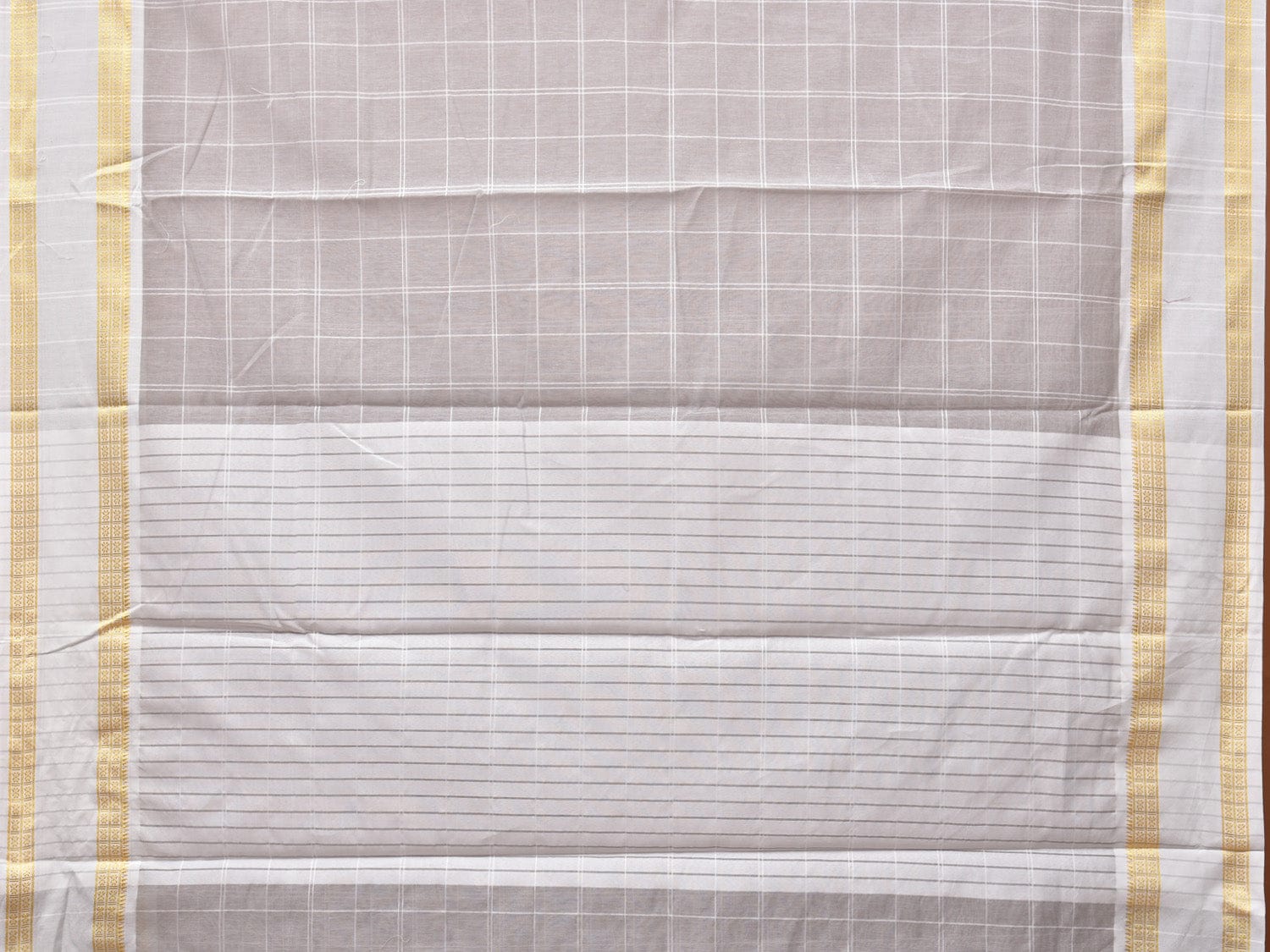 Light Grey Bamboo Cotton Saree with Big Checks and Doby Border Design - Global Threads - Distacart