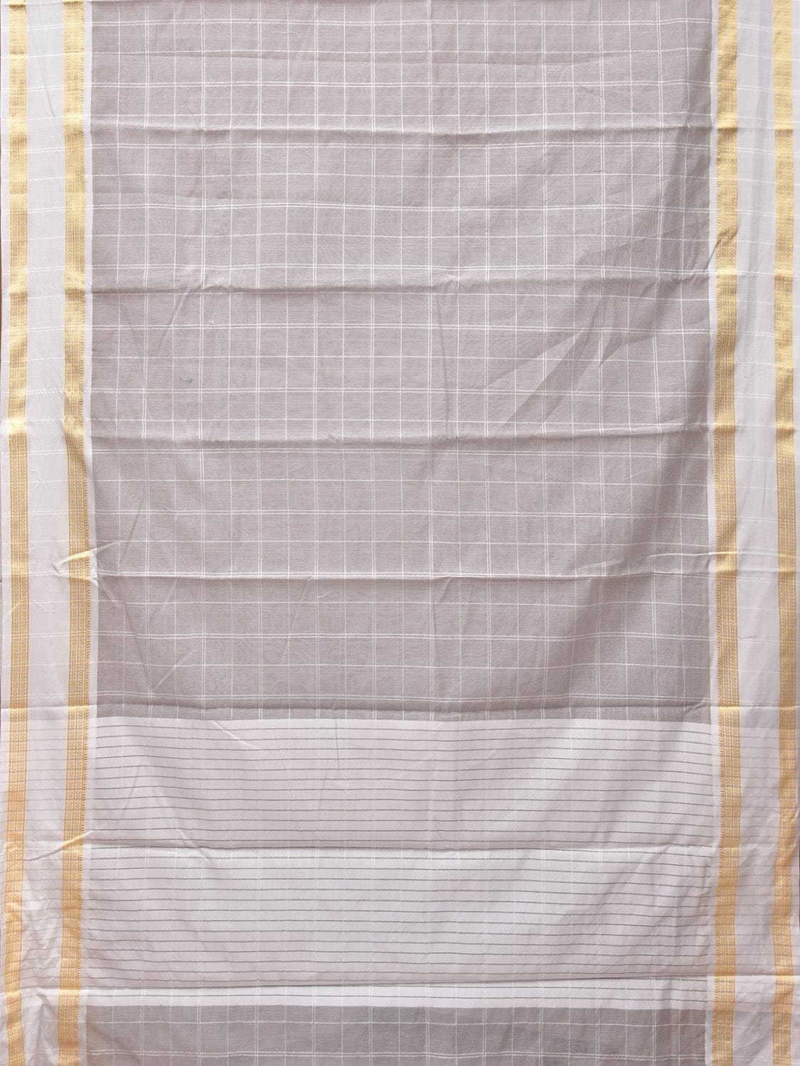 Light Grey Bamboo Cotton Saree with Big Checks and Doby Border Design - Global Threads - Distacart