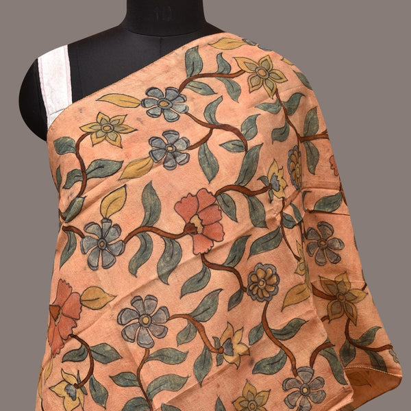 Light Orange Kalamkari Hand Painted Sico Stole with Floral Design - Global Threads - Distacart