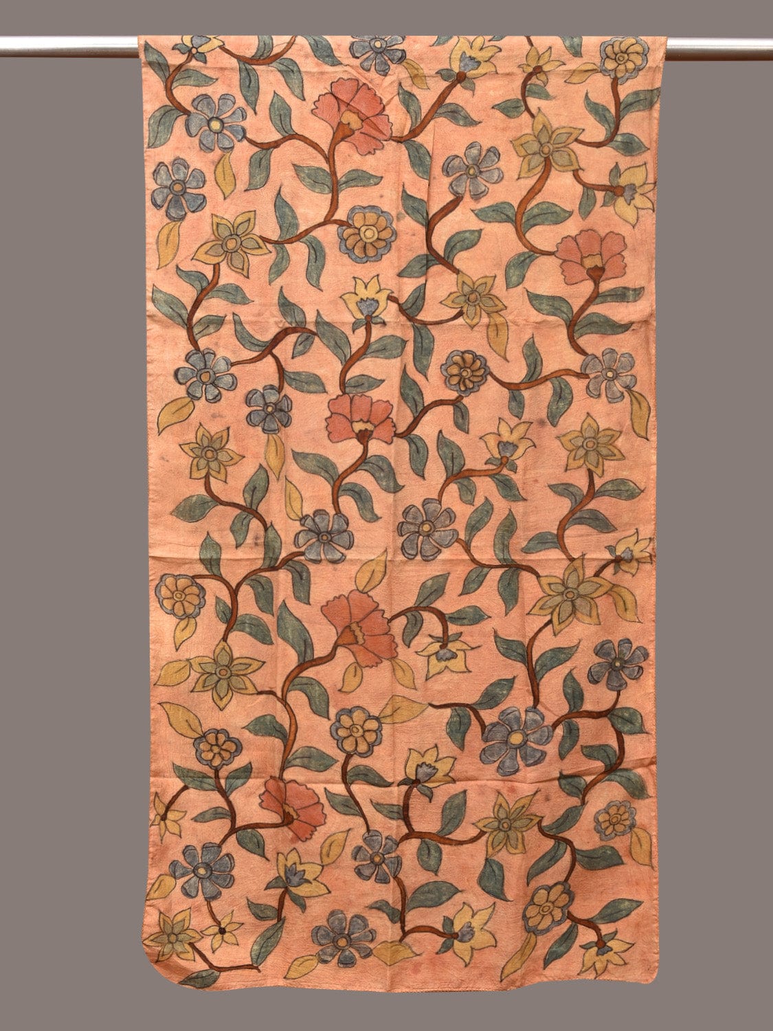 Light Orange Kalamkari Hand Painted Sico Stole with Floral Design - Global Threads - Distacart