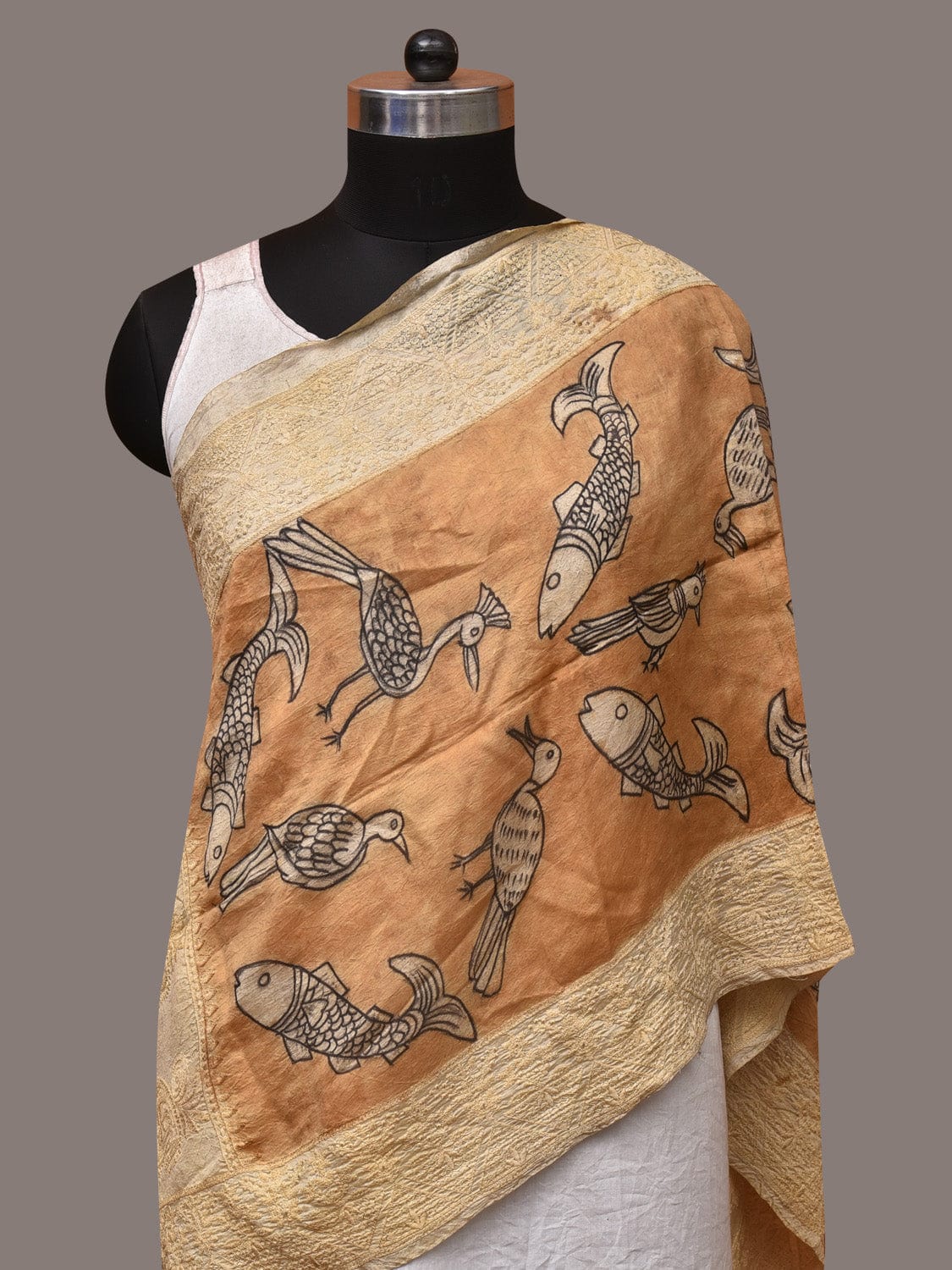 Light Orange Kalamkari Hand Painted Tussar Handloom Stole with Birds, Fishes and Embroidery Design - Global Threads - Distacart