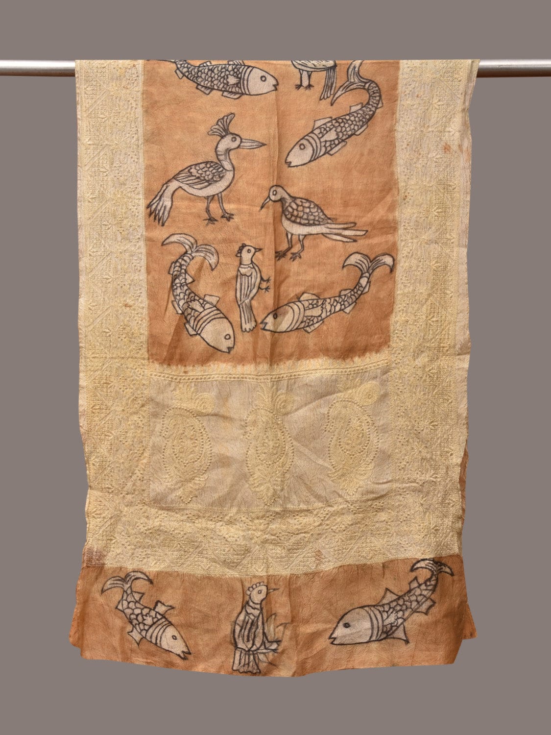 Light Orange Kalamkari Hand Painted Tussar Handloom Stole with Birds, Fishes and Embroidery Design - Global Threads - Distacart