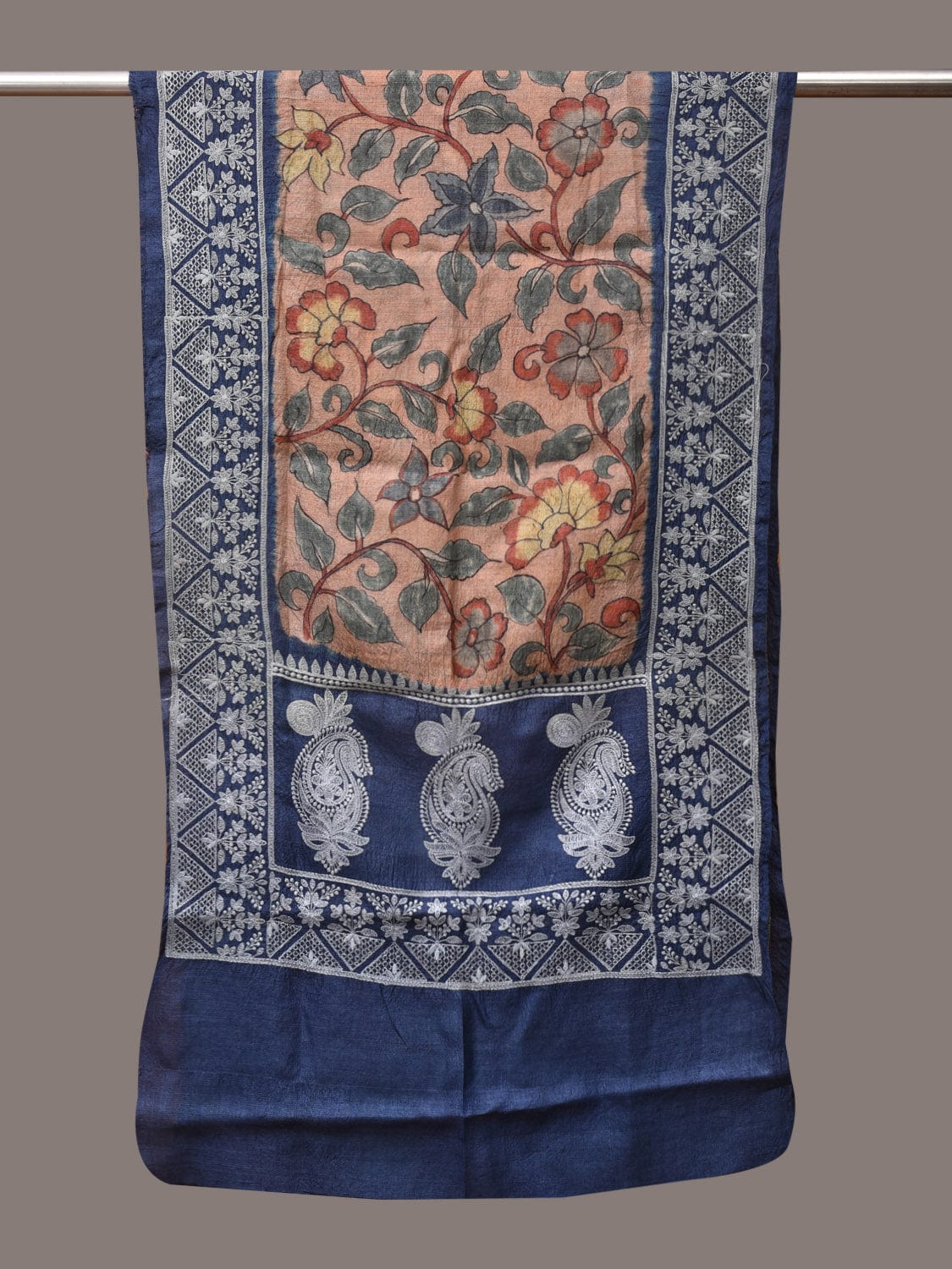 Light Peach and Blue Kalamkari Hand Painted Tussar Handloom Stole with Floral and Embroidery Design - Global Threads - Distacart