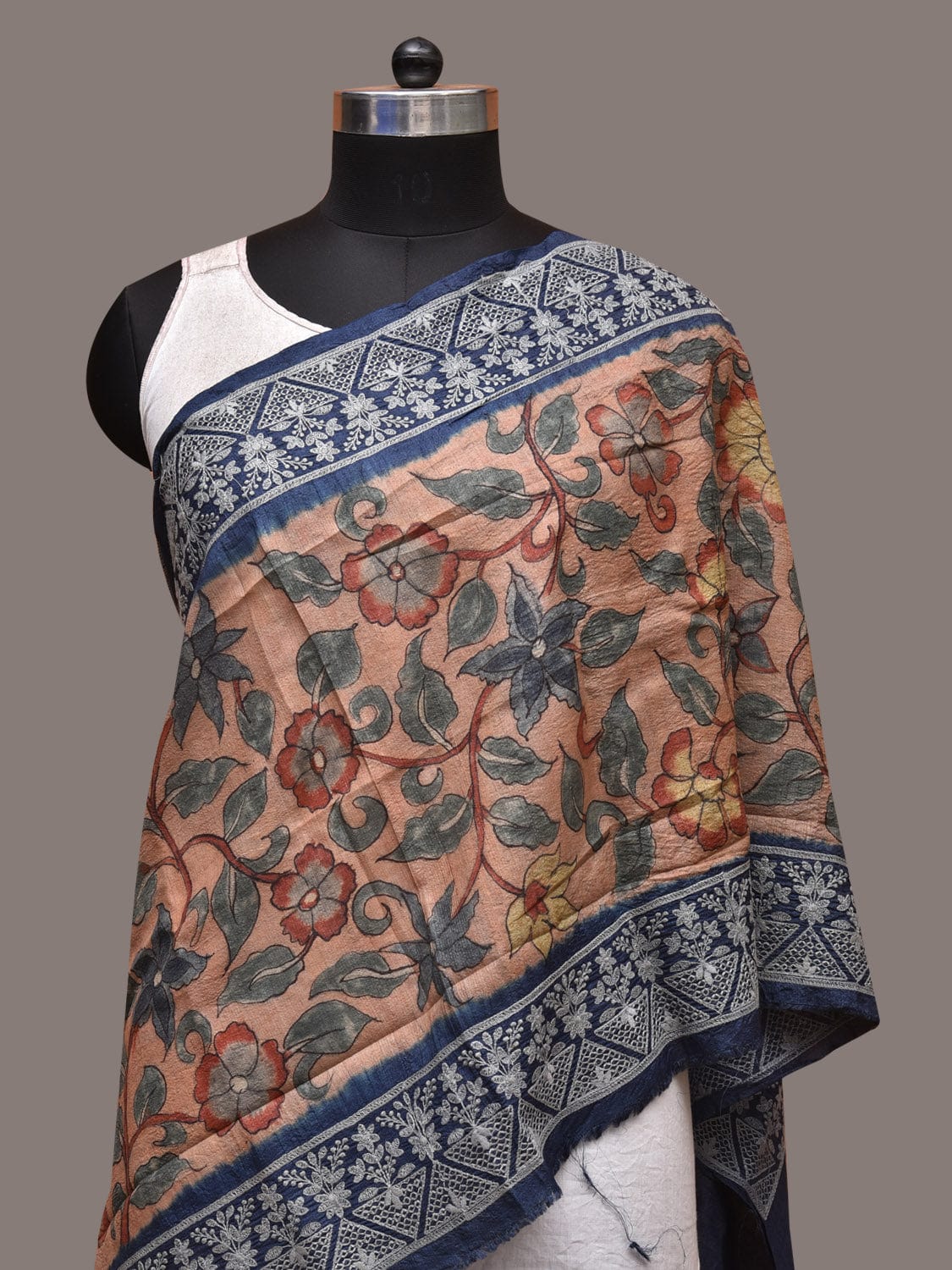 Light Peach and Blue Kalamkari Hand Painted Tussar Handloom Stole with Floral and Embroidery Design - Global Threads - Distacart
