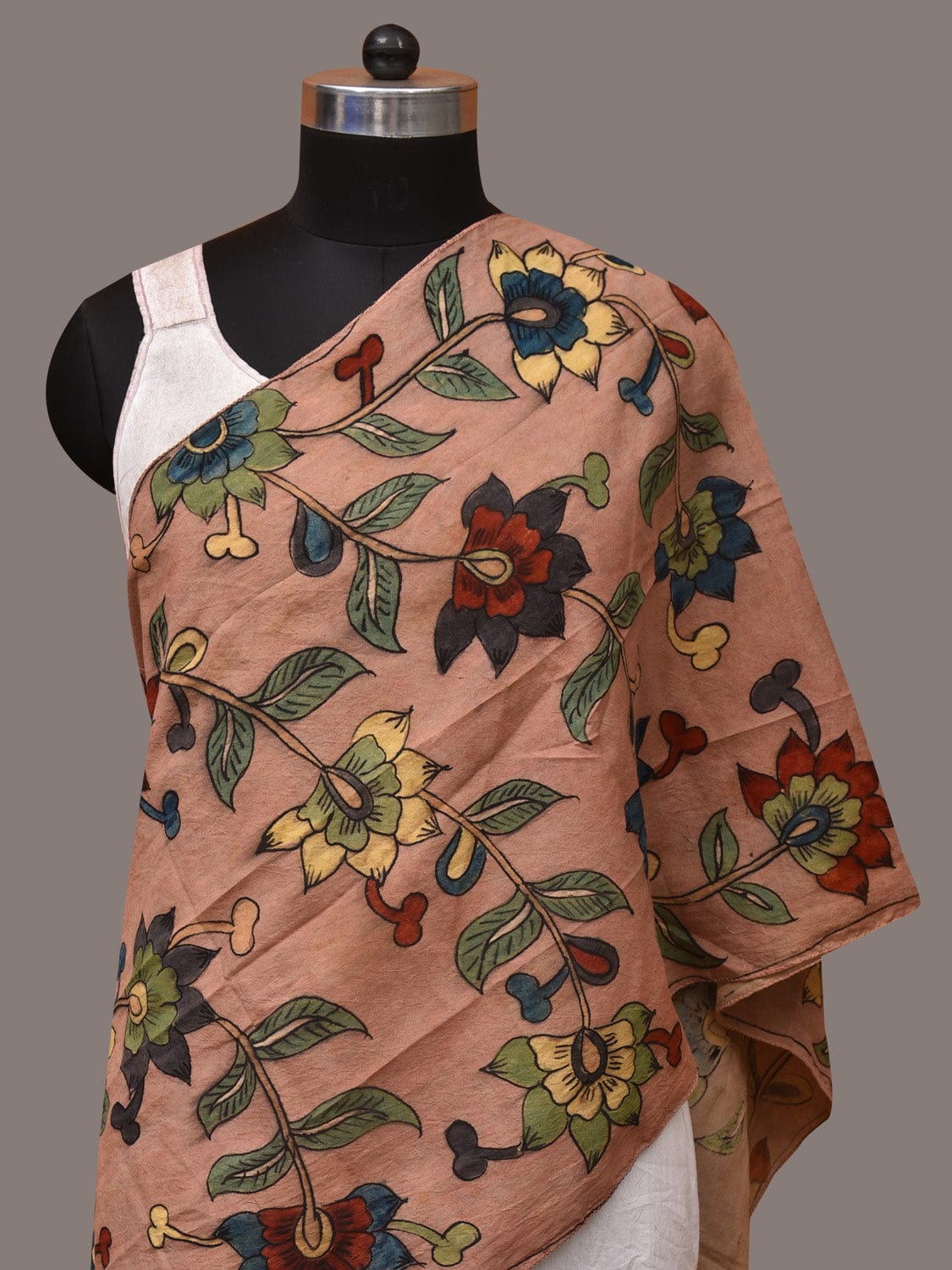 Light Peach Kalamkari Hand Painted Sico Stole with Floral Design - Global Threads - Distacart