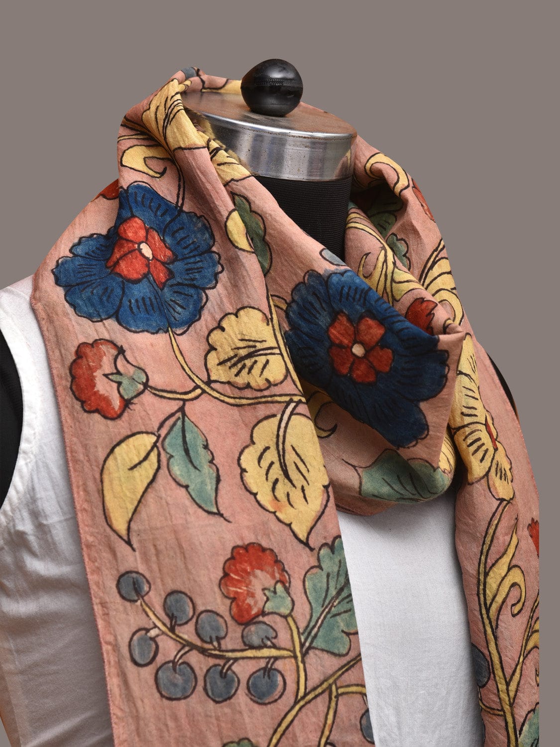 Light Peach Kalamkari Hand Painted Sico Stole with Floral Design - Global Threads - Distacart