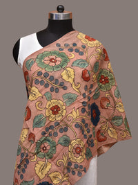 Thumbnail for Light Peach Kalamkari Hand Painted Sico Stole with Floral Design - Global Threads - Distacart