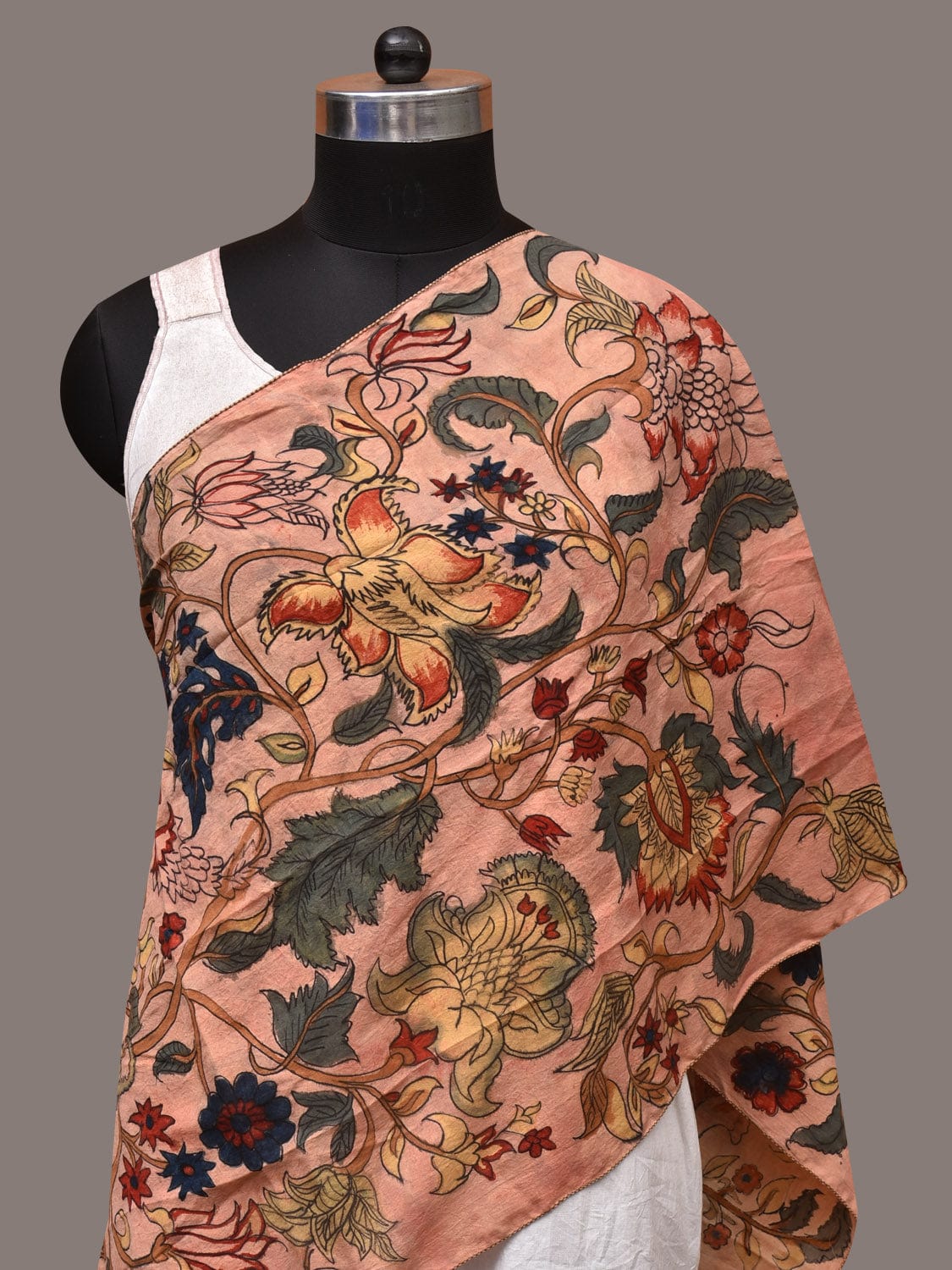 Light Peach Kalamkari Hand Painted Sico Stole with Tree of Life Design - Global Threads - Distacart