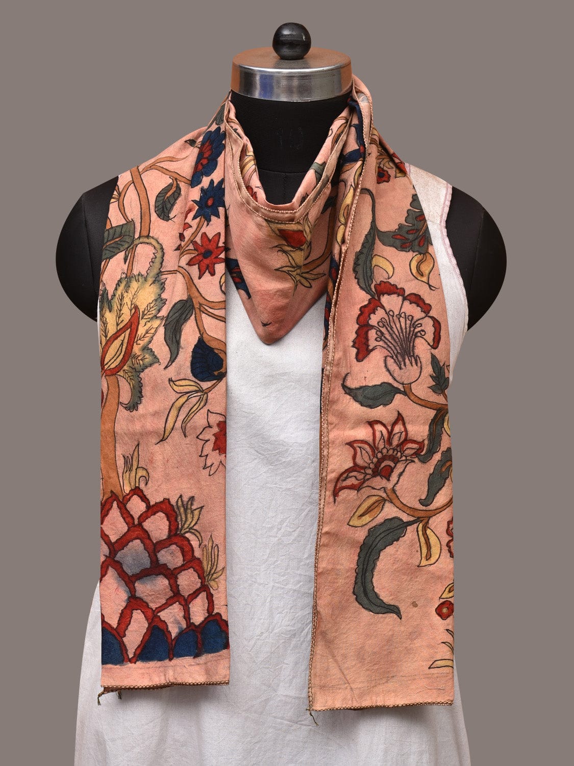 Light Peach Kalamkari Hand Painted Sico Stole with Tree of Life Design - Global Threads - Distacart