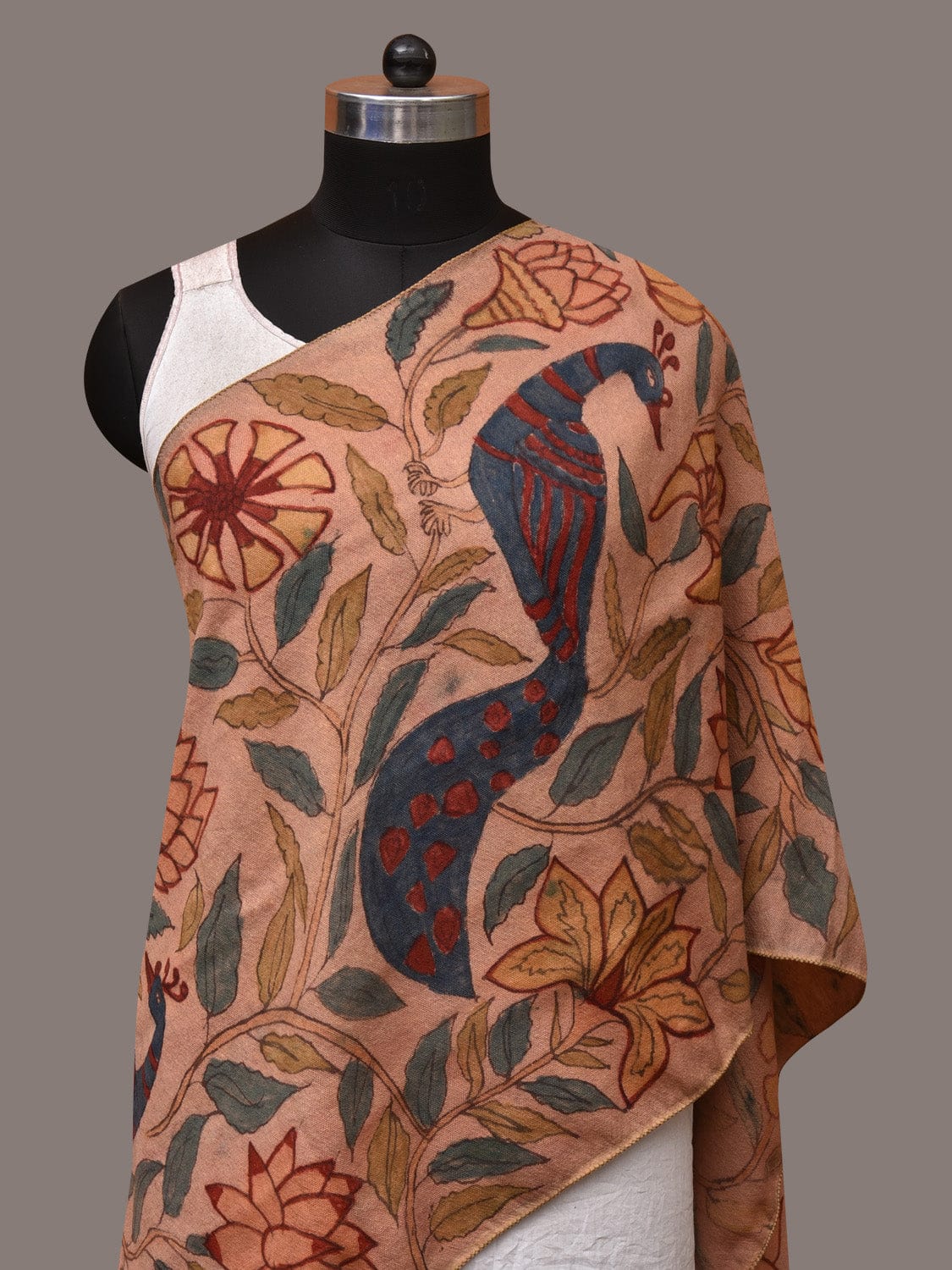 Light Peach Kalamkari Hand Painted Woolen Handloom Stole with Floral and Peacocks Design - Global Threads - Distacart