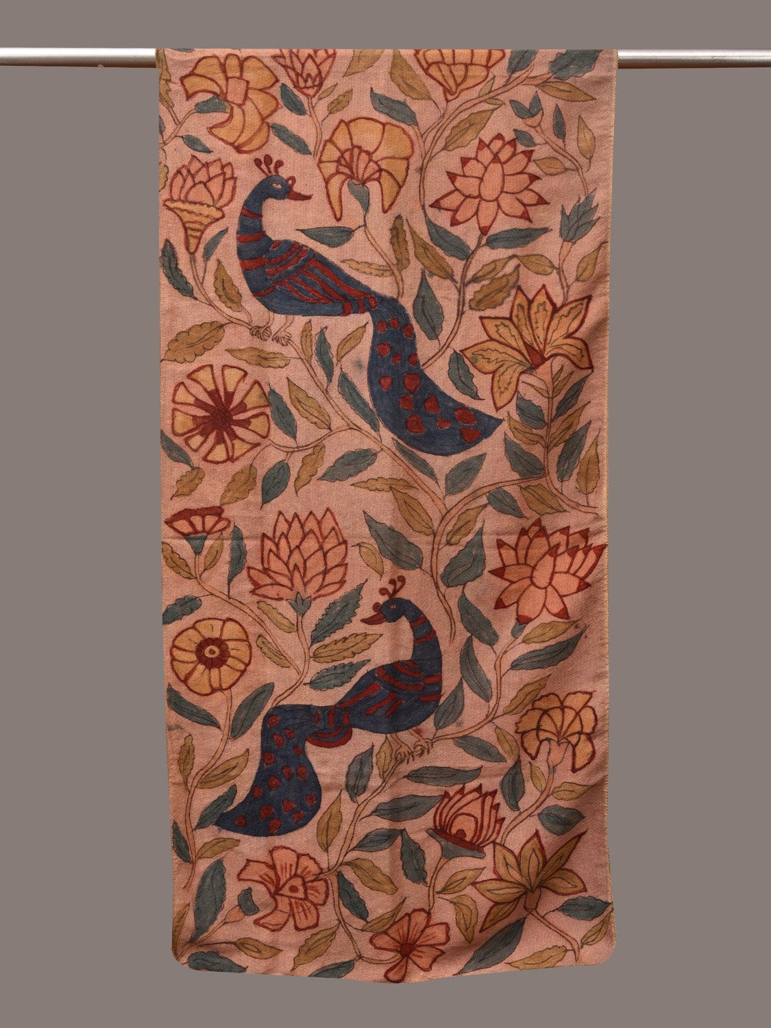 Light Peach Kalamkari Hand Painted Woolen Handloom Stole with Floral and Peacocks Design - Global Threads - Distacart
