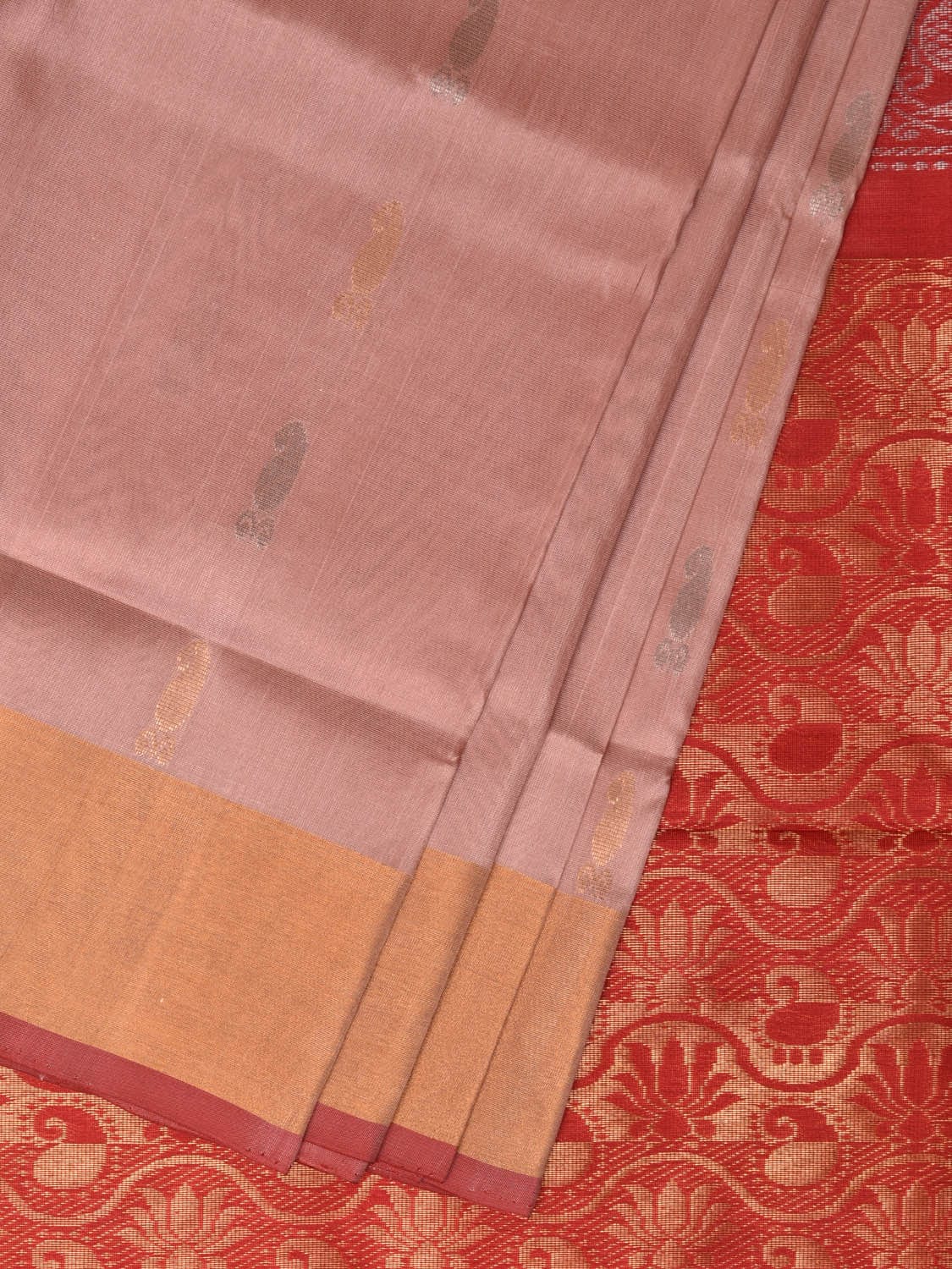 Light Pink and Red Uppada Silk Handloom Saree with Buta and Pallu Design - Global Threads - Distacart