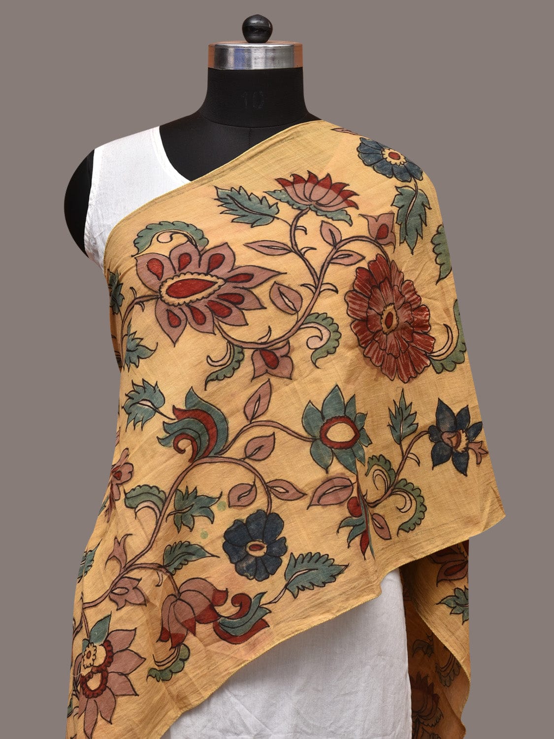 Light Yellow Kalamkari Hand Painted Cotton Stole with Floral Design - Global Threads - Distacart