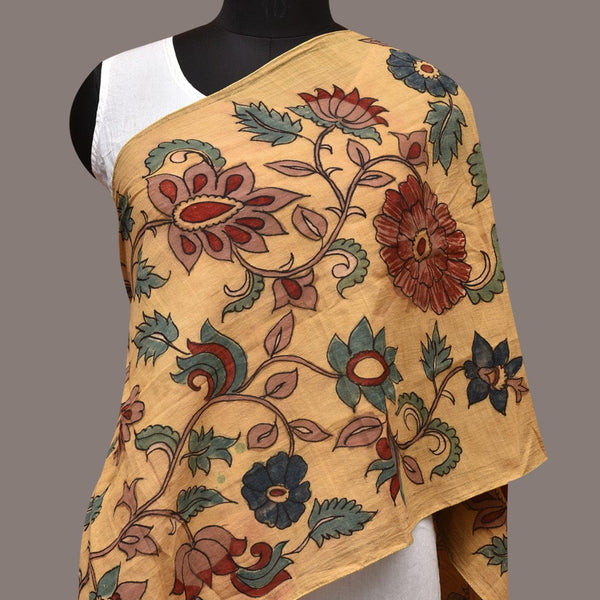 Light Yellow Kalamkari Hand Painted Cotton Stole with Floral Design - Global Threads - Distacart