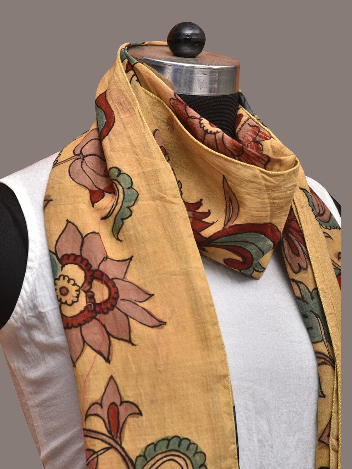 Light Yellow Kalamkari Hand Painted Cotton Stole with Floral Design - Global Threads - Distacart